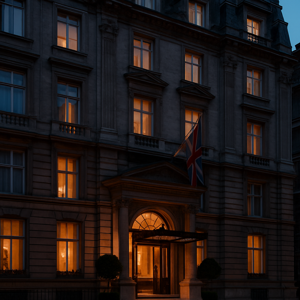Five-star London hotel facade at dusk