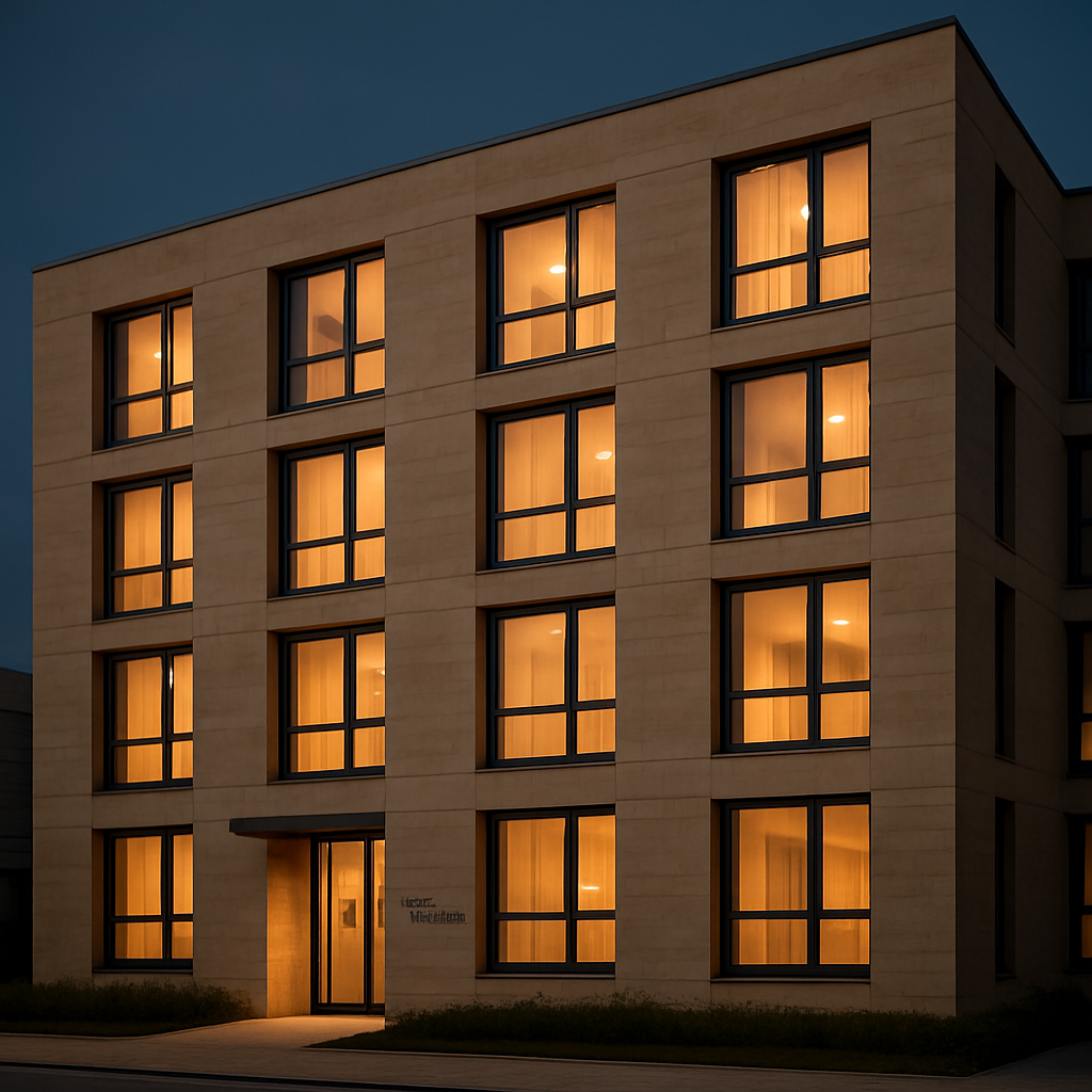 Contemporary student accommodation building at dusk