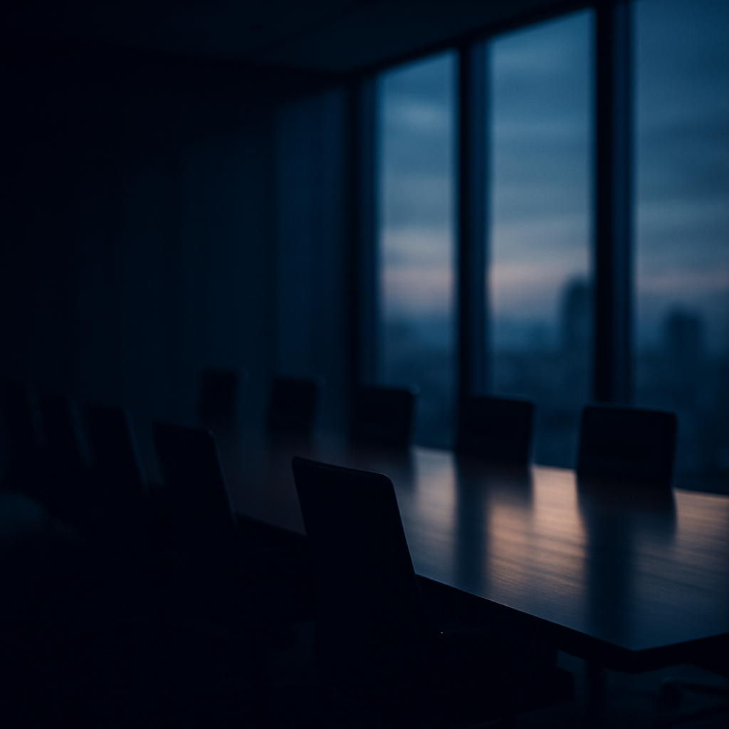 Boardroom at dusk representing strategic counsel